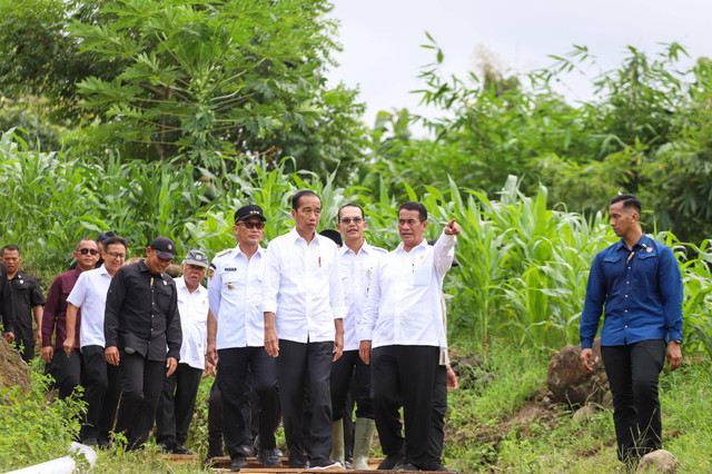 Presiden Jokowi bersama Mentan Andi Amran Sulaiman meninjau bantuan pompa air di Desa Layoa, Kecamatan Gantarangkeke, Kabupaten Bantaeng, Jumat (5/7/2024). Foto: Dok. Kementan