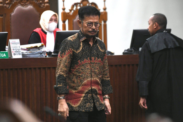 Terdakwa kasus pemerasan dan gratifikasi di Kementerian Pertanian Syahrul Yasin Limpo usai menjalani sidang dengan agenda pembacaan pledoi di Pengadilan Tipikor, Jakarta, Jumat (5/7/2024). Foto: Hafidz Mubarak/ANTARA FOTO