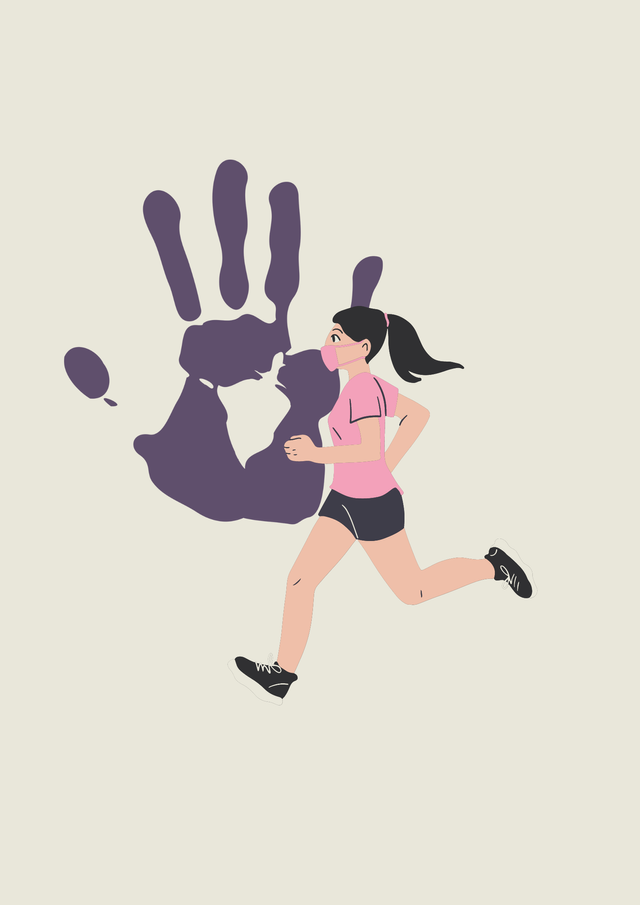 isyarat tangan untuk stop dan gambar perempuan jogging (Sumber : edit by canva)