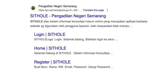 Tangkapan layar website PN Semarang dengan program SITHOLE. Dok: kumparan.
