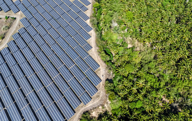 Foto udara kawasan Pembangkit Listrik Tenaga Surya (PLTS) on grid Selong kapasitas 7 MWp yang dioperasikan Vena Energy di Kelurahan Geres, Kecamatan Labuhan Haji, Selong, Lombok Timur, NTB, Senin (15/7/2024). Foto: Ahmad Subaidi/ANTARA FOTO