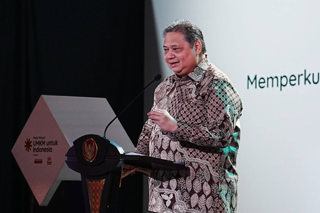 Menko Bidang Perekonomian Airlangga Hartarto dalam acara Pesta Rakyat UMKM untuk Indonesia di Jakarta Convention Center (JCC), Senin (22/7/2024).  Foto: Dok. Kemenko Perekonomian