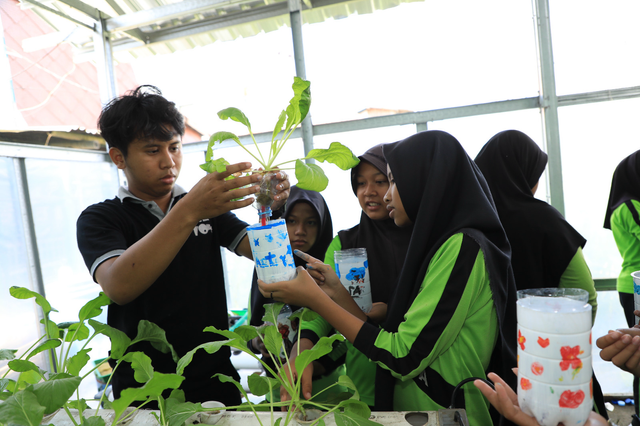 BRI lewat program BRI Bertani di Kota (BRINita) mengajak siswa SDN Karangrejek 02 belajar tanam hidroponik dalam rangka memperingati Hari Anak Nasional 2024 di Mrican, Caturtunggal, Depok, Sleman. Foto: Dok. BRI