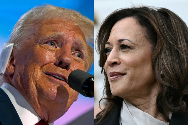 Kolase foto calon presiden Partai Republik 2024 Donald Trump (kiri) dan Wakil Presiden AS Kamala Harris. Foto: Nick Oxford dan Brendan SMIALOWSKI / AFP