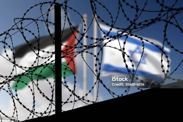 Bendera Israel dan Palestina di balik kawat berduri. Foto: Istockphoto/Stadtratte