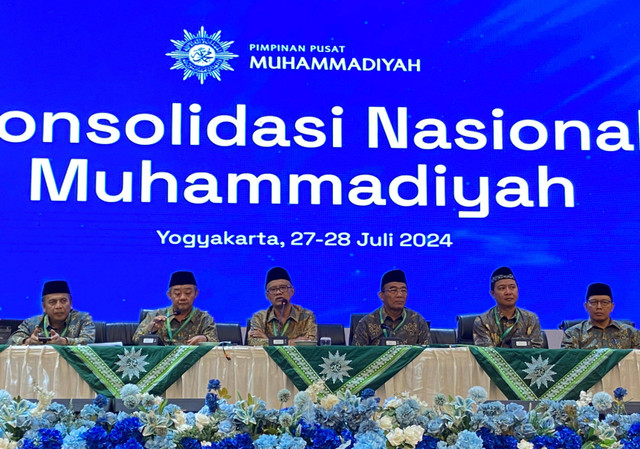 Konferensi pers Konsolidasi Nasional Muhammadiyah di Convention Hall Masjid Walidah Dahlan UNISA Yogyakarta, Minggu (28/7). Foto: Resti Damayanti/Pandangan Jogja