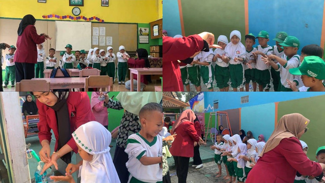 Sumber : Dokumentasi oleh kelompok 104 (Gambar kegiatan edukasi, demonstrasi, dan praktik cuci tangan 6 langkah) 19/07