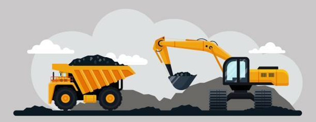 Excavator dan dump truck yang bekerja di tambang batu bara, ilustrasi vektor datar. Sumber : iStockPhoto