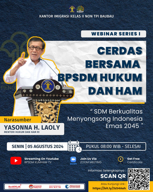 webinar series 1, yang di narasumberi langsung oleh Menkumham, Yasonna H Laoly (sumber: humas imigrasi baubau)