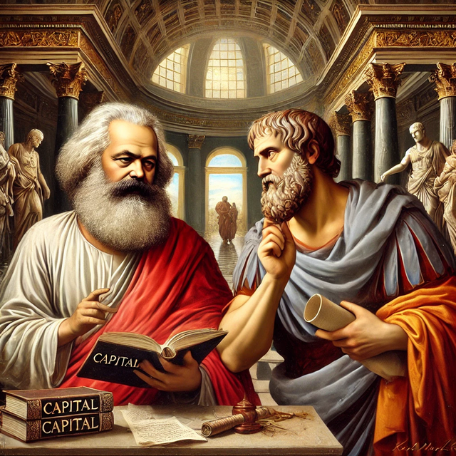 Ilustrasi Marx dan Aristoteles sedang bercakap-cakap, Sumber: DALL·E 3 generated image.