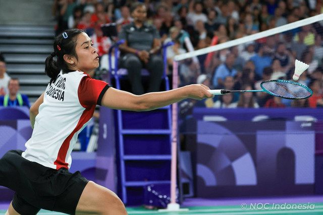 Tunggal putri Indonesia Gregoria Mariska Tunjung pada pertandingan Olimpiade Paris 2024 di Porte De La Chapella Arena, Paris, Prancis. Foto: NOC Indonesia