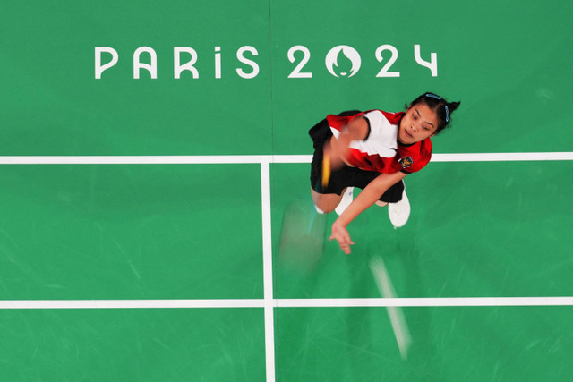 Tunggal putri Indonesia Gregoria Mariska Tunjung saat melawan tungga putri Korea Selatan An- Se-young pada semifinal Olimpiade Paris 2024 di Porte De La Chapella Arena, Paris, Prancis, Minggu (4/8/2024). Foto: Hamad I Mohammed/ REUTERS