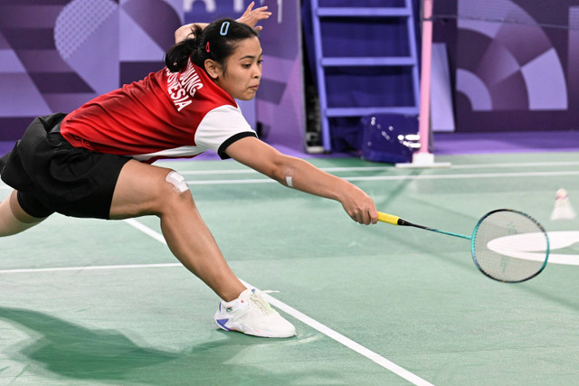 Tunggal putri Indonesia Gregoria Mariska Tunjung saat melawan tungga putri Korea Selatan An- Se-young pada semifinal Olimpiade Paris 2024 di Porte De La Chapella Arena, Paris, Prancis, Minggu (4/8/2024). Foto: Wahyu Putro A/ANTARA FOTO