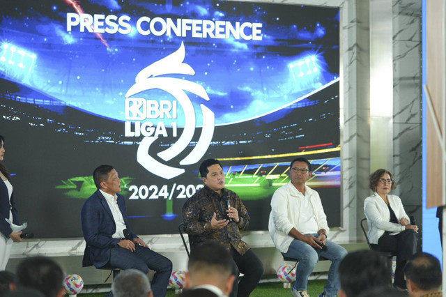 Peluncuran Liga 1 2024/25 di Jakarta pada Selasa (6/8) yang dihadiri oleh Ketum PSSI Erick Thohir, Dirut PT LIB Ferry Paulus, serta perwakilan BRI dan Emtek. Foto: Dok. PSSI 