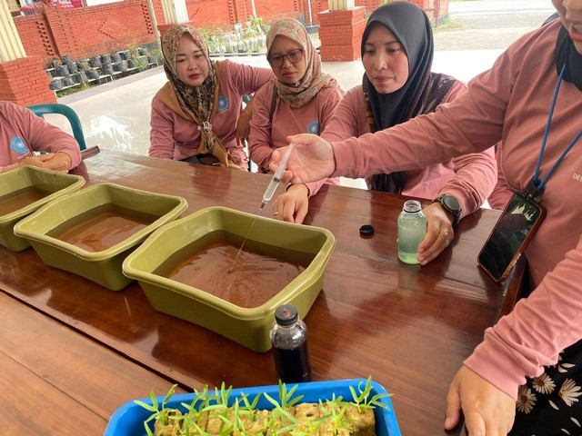 Kegiatan memberikan larutan nutrisi pada air yang akan digunakan untuk tanaman hidroponik Sumber: Dokumentasi Pribadi