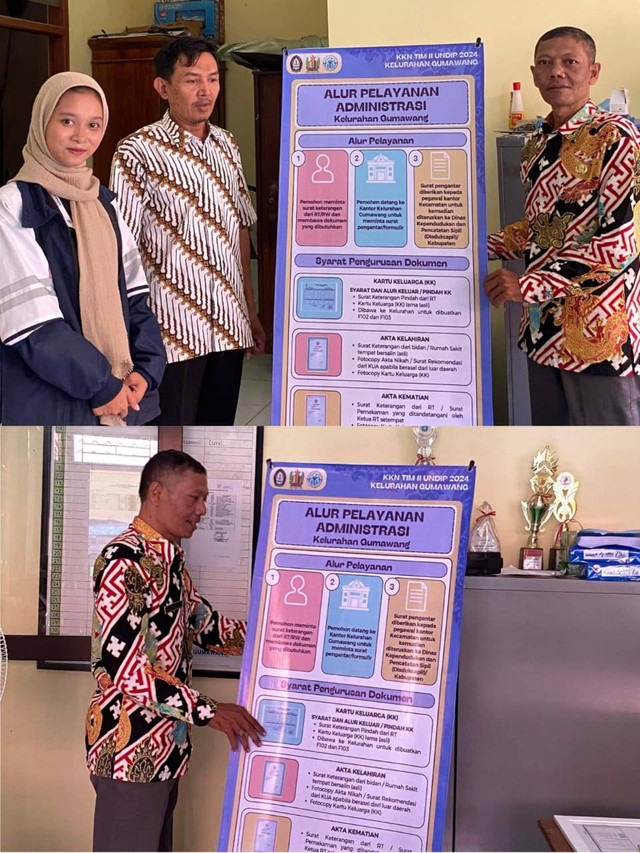 Foto : Hanifa Inestiyani, mahasiswa KKN Tim II Undip saat menyerahkan standing banner alur pelayanan adminsitrasi di Kantor Kelurahan Gumawang, Kecamatan Wiradesa, Kabupaten Pekalongan.