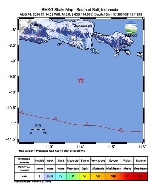 Lokasi gempa di Bali, Rabu (14/8/2024). Foto: BMKG