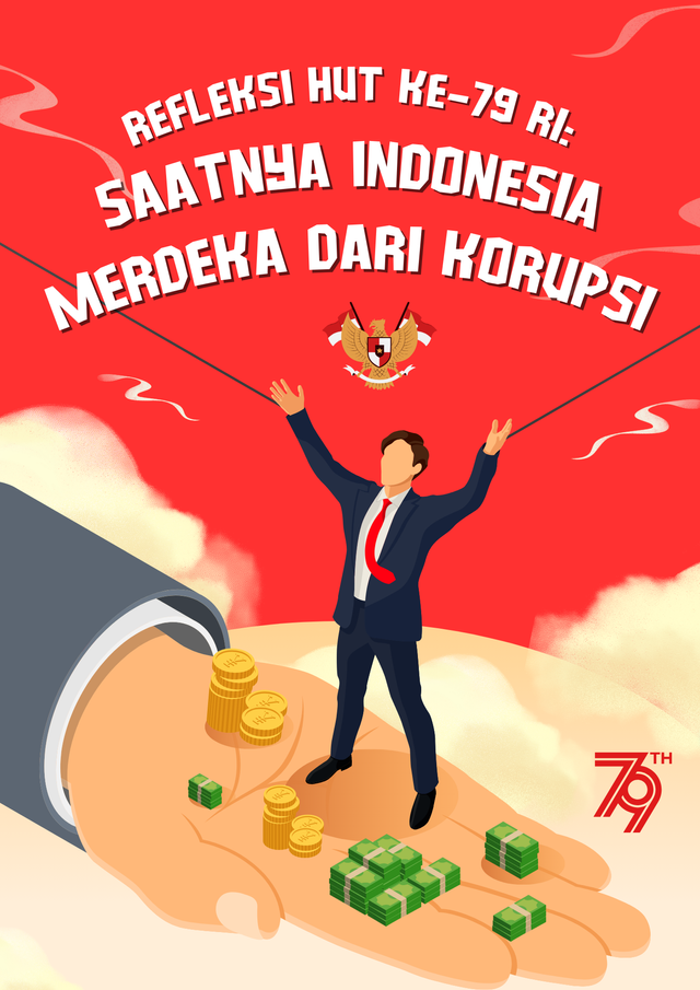 Poster ilustrasi Refleksi HUT ke-79 RI: Saatnya Indonesia Merdeka dari Korupsi.