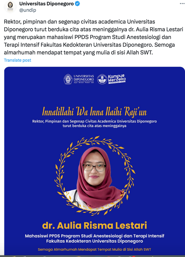 Undip mengucapkan duka cita atas meninggalnya dokter peserta PPDS Prodi Anestesi FK Undip, 15 Agustus 2024. Foto: Dok Undip