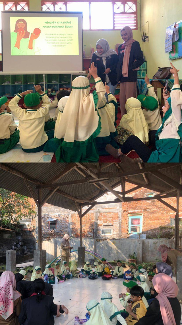 Sosialisasi penguatan makanan sehat kepada anak-anak TK ABA 18 dan membawa bekal dari rumah sebagai bentuk dari sosialisasi penguatan makanan sehat. 