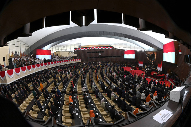 Suasana Sidang Tahunan MPR dan Sidang Bersama DPR - DPD Tahun 2024 di Gedung Nusantara, kompleks Parlemen, Senayan, Jakarta, Jumat (16/8/2024). Foto: Aditya Pradana Putra/ANTARA FOTO