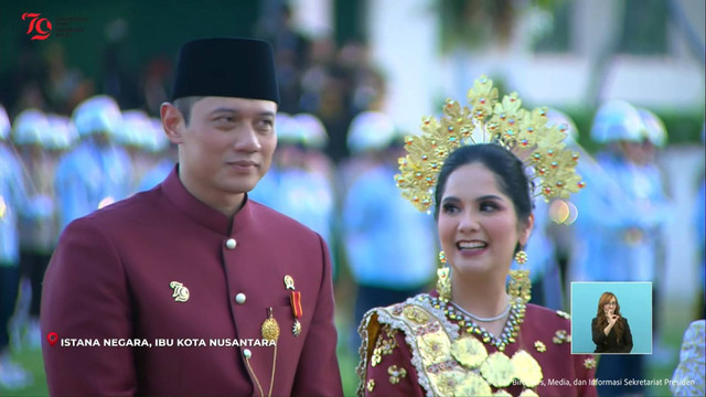 Menteri ATR/BPR Agus Harimurti Yudhoyono dan istri Annisa Pohan menjadi pemenang busana terbaik HUT ke-79 RI di Istana Negara IKN, Kalimantan Timur, Sabtu (17/8/2024). Foto: YouTube/Sekretariat Presiden