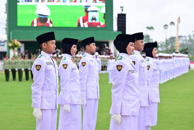 Anggota Paskibraka mengikuti upacara HUT ke-79 RI di Istana Negara IKN, Kalimantan Timur, Sabtu (17/8/2024). Foto: Biro Pers Sekretariat Presiden