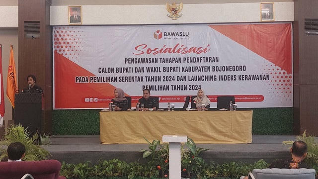 Sosialisasi Pengawasan Tahapan Pendaftaran Cabup dan Cawabup Bojonegoro pada Pilkada serentak 2024 yang digelar Bawaslu Bojonegoro. Minggu (18/08/2024) (Aset: Imam Nurcahyo/BeritaBojonegoro)