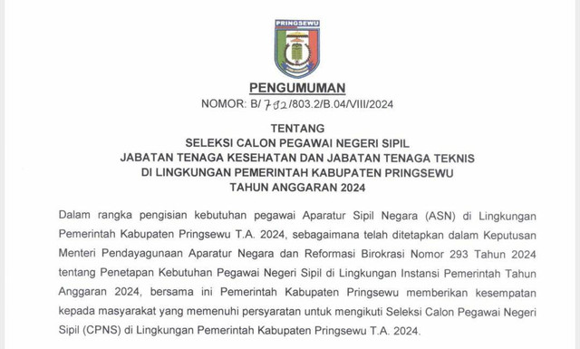 Pengumuman CPNS wilayah Pemkab Pringsewu tahun anggaran 2024. | Foto: Istimewa