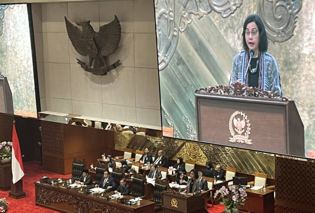 Menteri Keuangan (Menkeu) Sri Mulyani dalam  Rapat Paripurna ke-2 Masa Persidangan I Tahun Sidang 2024-2025 di Kompleks Parlemen, Selasa (20/8/2024). Foto: Ghinaa Rahmatika/kumparan