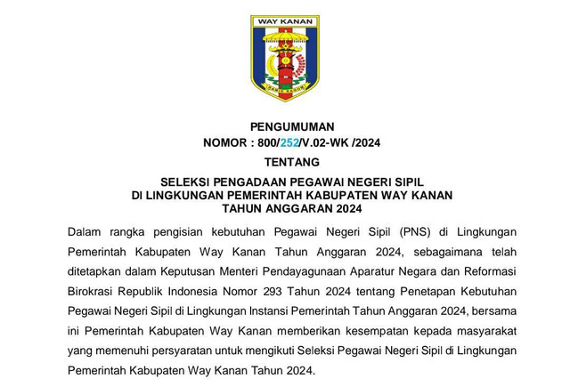 Pengumuman CPNS wilayah Pemkab Way Kanan tahun anggaran 2024. | Foto: Istimewa