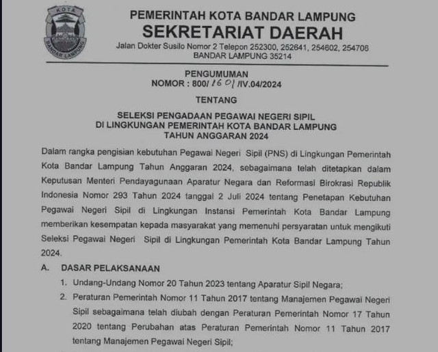 Pengumuman seleksi pengadaan Pegawai Negeri Sipil di Lingkungan Pemerintah Kota Bandar Lampung | Foto : Tangkaplayar pdf