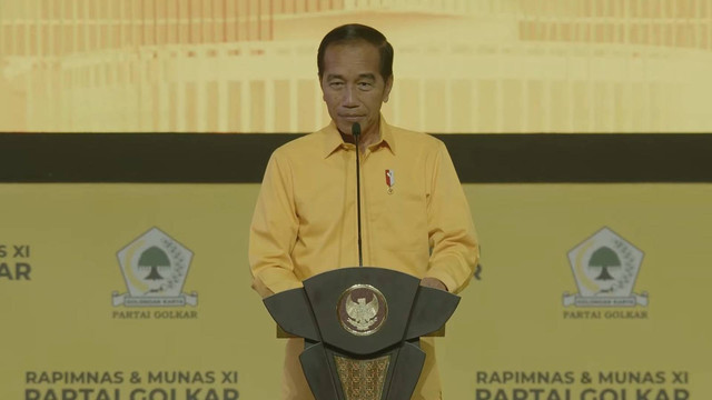 Presiden Joko Widodo memberikan sambutan pada penutupan Rapimnas dan Musyawarah Nasional XI Partai Golkar 2024 di Jakarta, Rabu (21/8/2024). Foto: Youtube/ Golkar Indonesia