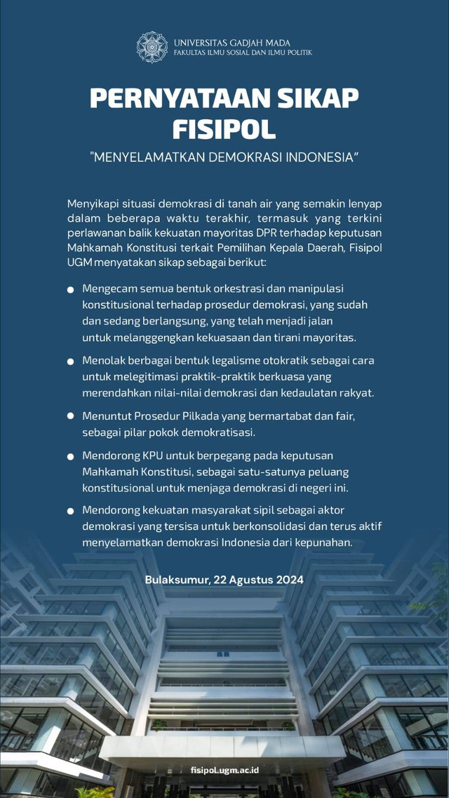 Pernyataan sikap yang dikeluarkan Fisipol UGM hari ini, Kamis (22/8/2024). Foto: Dok. Fisipol UGM