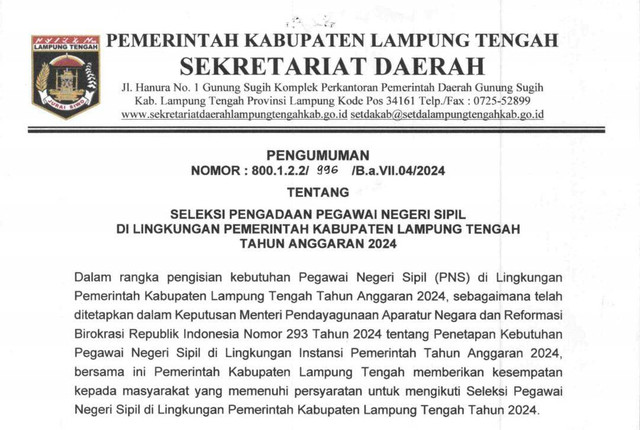 Pengumuman CPNS wilayah Pemkab Lampung Tengah tahun anggaran 2024. | Foto: Istimewa