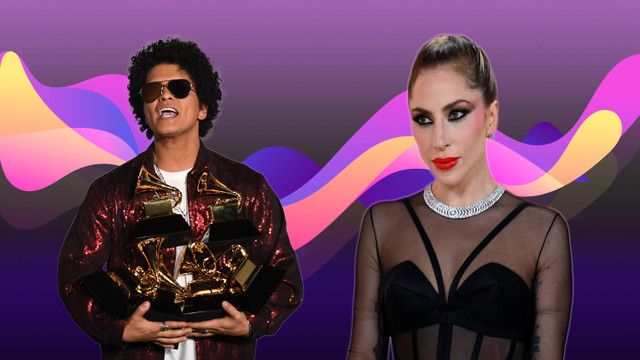 Kolase Foto Bruno Mars dan Lady Gaga.  Foto: AFP/Angela Weiss/Don Emmert