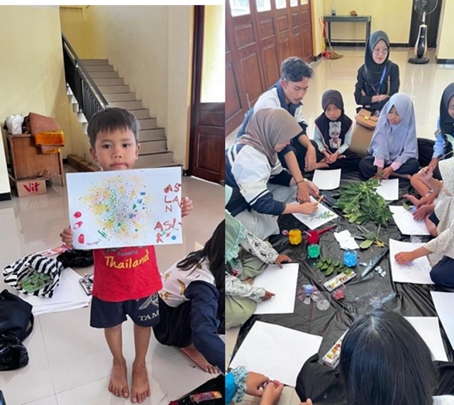 Pelaksanaan Melukis Dengan Teknik Percik dan Daun Bersama Anak Karangasem