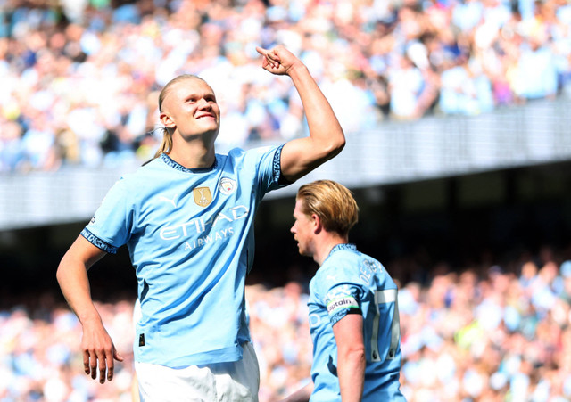 Erling Haaland berselebrasi saat Manchester City vs Ipswich Town dalam laga pekan kedua Liga Inggris 2024/25 di Stadion Etihad pada Sabtu (24/8) malam WIB. Foto: Action Images via Reuters/Craig Brough