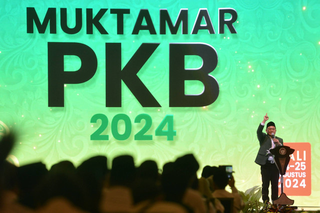 Ketua Umum Partai Kebangkitan Bangsa (PKB) Muhaimin Iskandar menyampaikan sambutan saat penutupan Muktamar VI PKB di Nusa Dua, Badung, Bali, Minggu (25/8/2024).  Foto: Fikri Yusuf/ANTARA FOTO