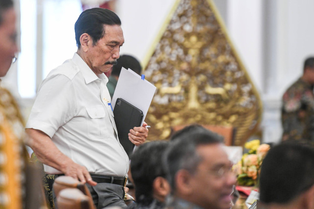 Menko Marves Luhut Binsar Pandjaitan siap mengikuti rapat terbatas di Istana Merdeka, Jakarta, Selasa (27/8/2024). Foto: Hafidz Mubarak A/ ANTARA FOTO