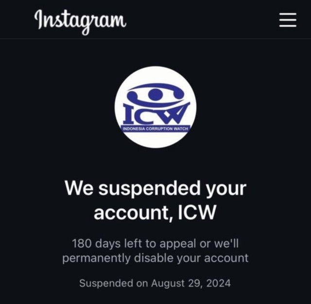 Akun Instagram ICW disuspend. Foto: Dok. Istimiewa