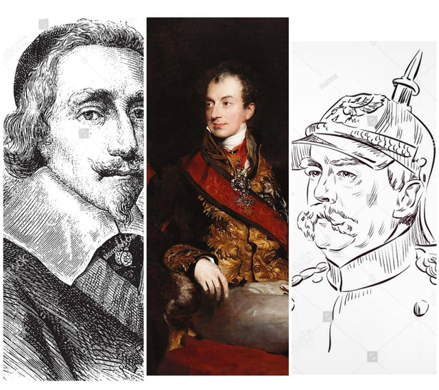 Ilustrasi potret Kardinald Richelieu, Klemens von Metternich, dan Otto von Bismarck. Sumber: Shutterstock