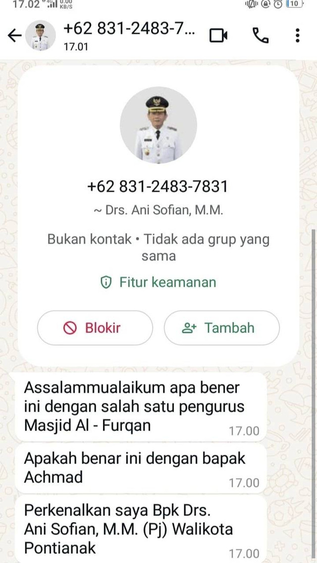 Pesan singkat melaui WhatsApp yang mencatut nama Pj Wali Kota Pontianak. Foto: Pemkot Pontianak