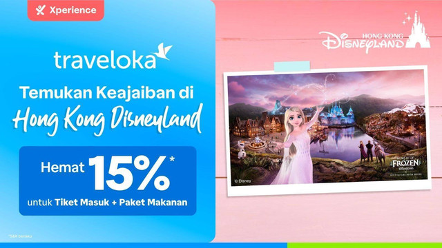 Traveloka menghadirkan promo diskon paket tiket masuk plus makanan di Hong Kong Disneyland