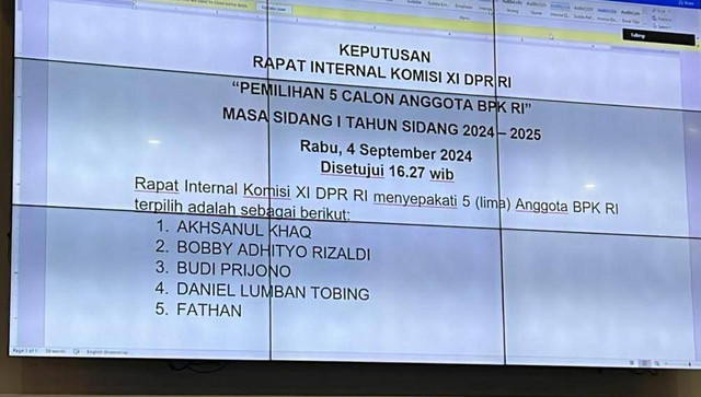 Keputusan rapat internal Komisi XI DPR RI soal pemilihan 5 calon Anggota BPK RI 2024-2025. Foto: Komisi XI DPR 