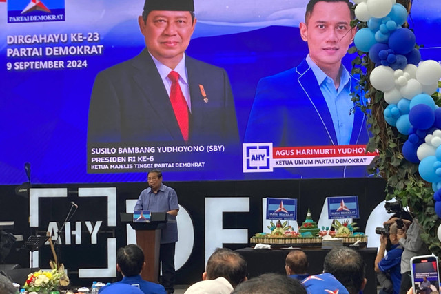 Ketua Majelis Tinggi Partai Demokrat Susilo Bambang Yudhoyono (SBY) memberikan sambutan HUT ke-23 Demokrat di Jakarta Pusat, Senin (9/9/2024). Foto: Alya Zahra/Kumparan