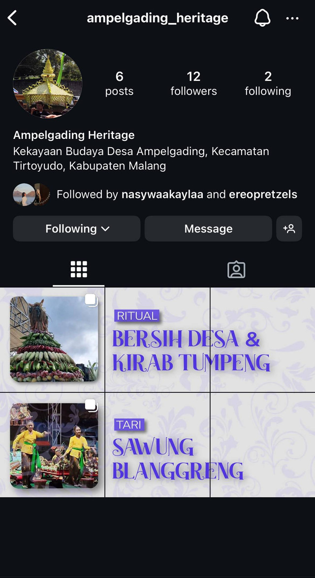 Laman Instagram @ampelgading_heritage sebagai wadah mempromosikan warisan budaya.