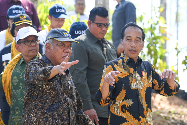 Presiden Joko Widodo (kanan) berbincang dengan Menteri PUPR Basuki Hadimuljono (kiri) saat mencanangkan hutan pendidikan Wanagama Nusantara di Ibu Kota Nusantara (IKN), Penajam Paser Utara, Kalimantan Timur, Jumat (13/9/2024). Foto: M Risyal Hidayat/ANTARA FOTO