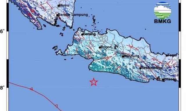 Pusat gempa 5,3 M Sukabumi, Minggu (15/9/2024) sore.  Foto: BMKG