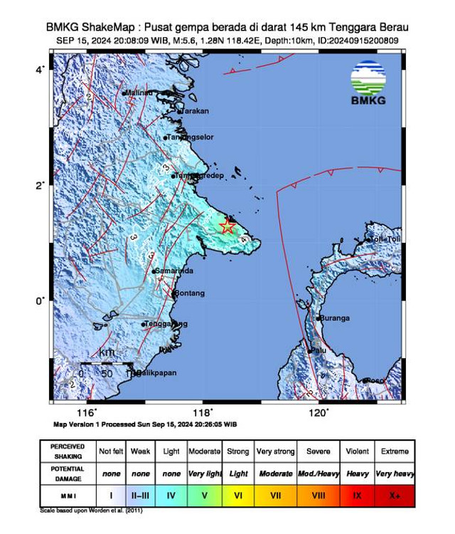 Pusat gempa di Tenggara Berau, Minggu (15/9/2024). Foto: X/@infoBMKG